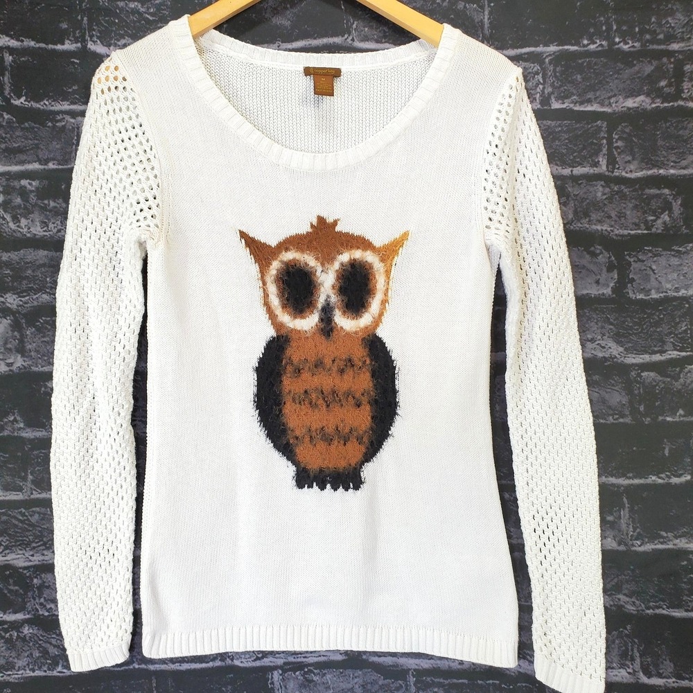 Copper Key Owl Sweater Women M White 100% Cotton Ethereal Whimsigoth Indie Boho